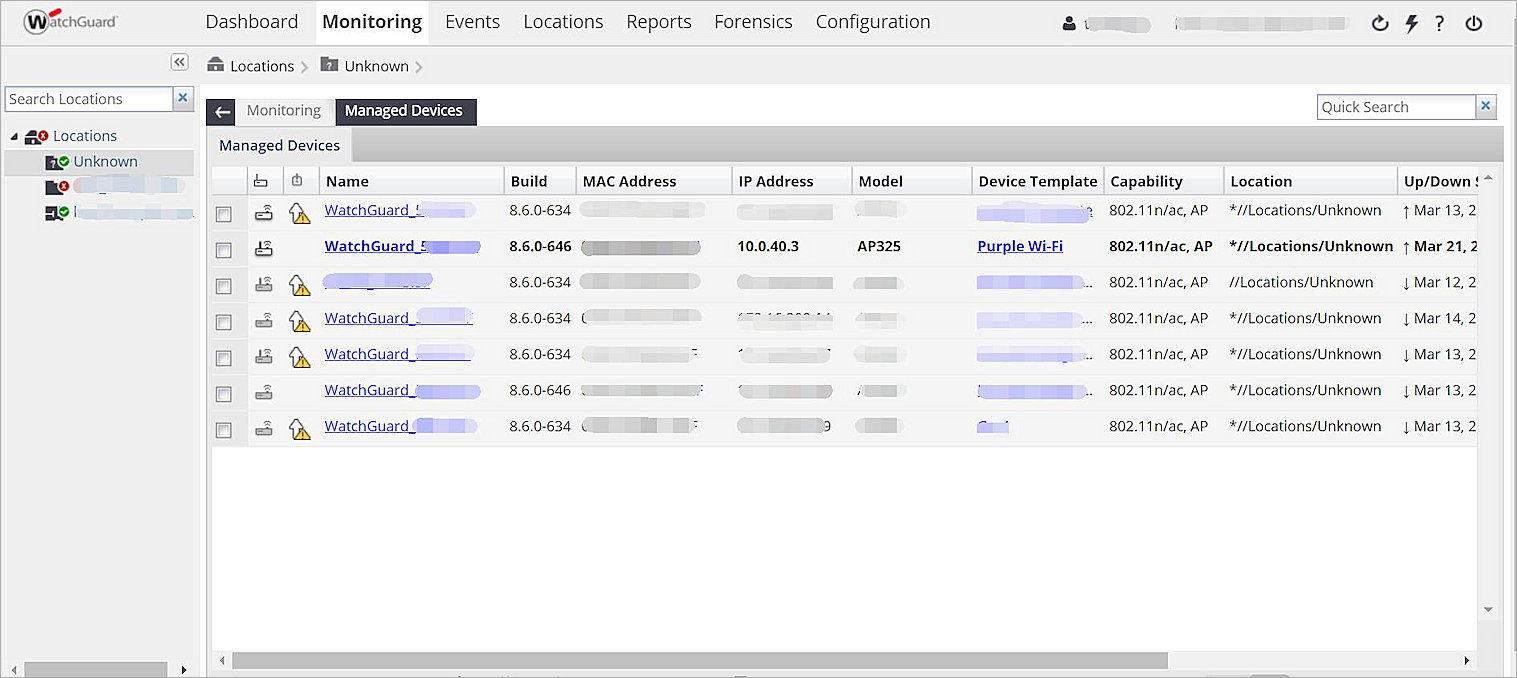 Monitoring > Managed Devices page in Wi-Fi Cloud Manage